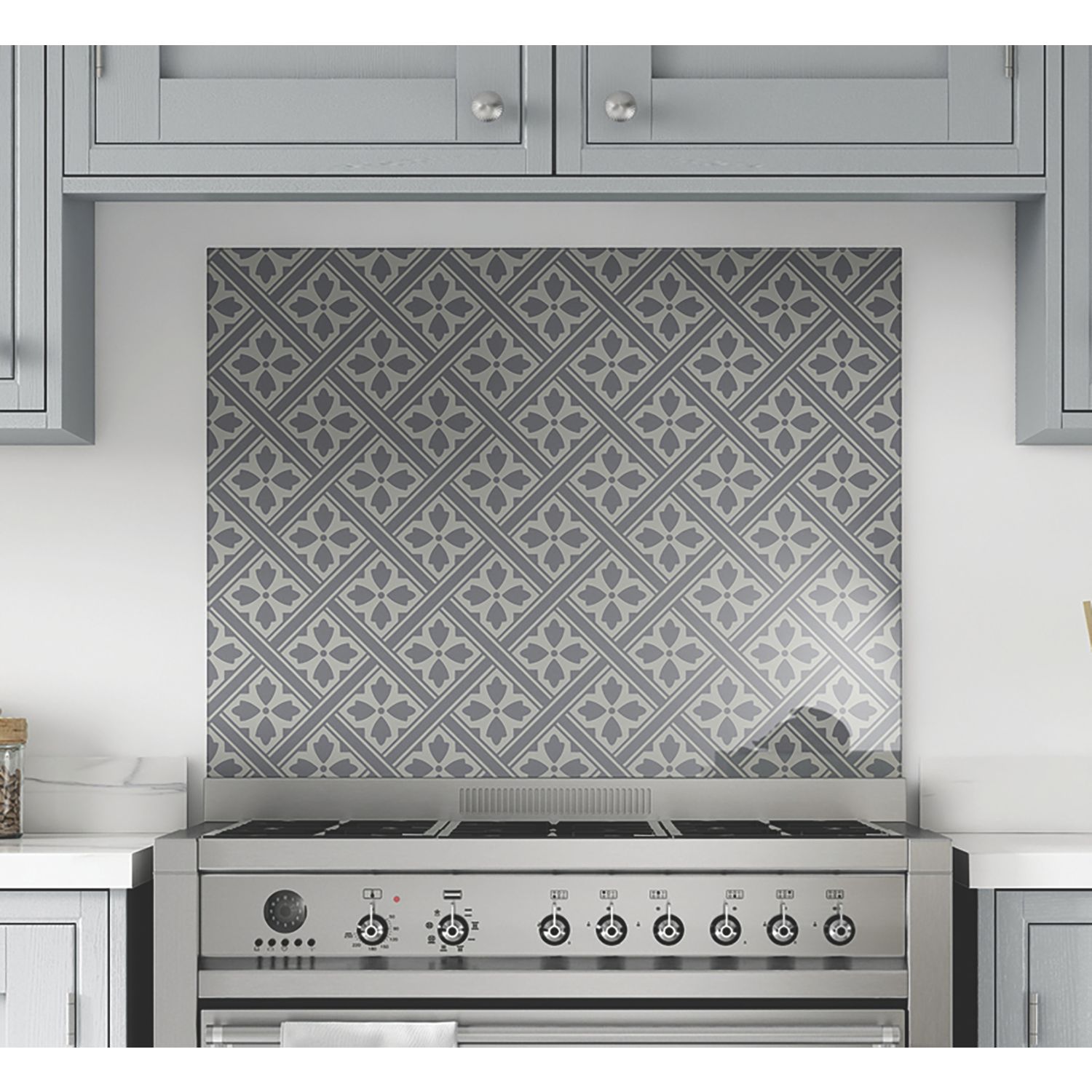 Laura Ashley Mr Jones Charcoal Self-Adhesive Glass Kitchen Splashback 600mm x 750mm x 6mm (366RX)