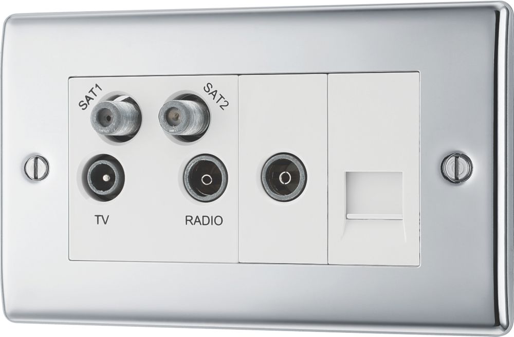 British General Nexus Metal 4-Gang Quadruplex TV Socket Polished Chrome