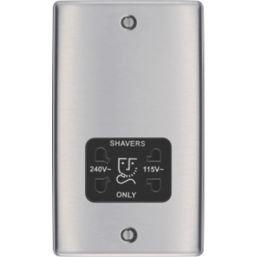 British General Nexus Metal 1-Gang Dual Voltage Shaver Socket 115/240V Brushed Steel with Black Inserts