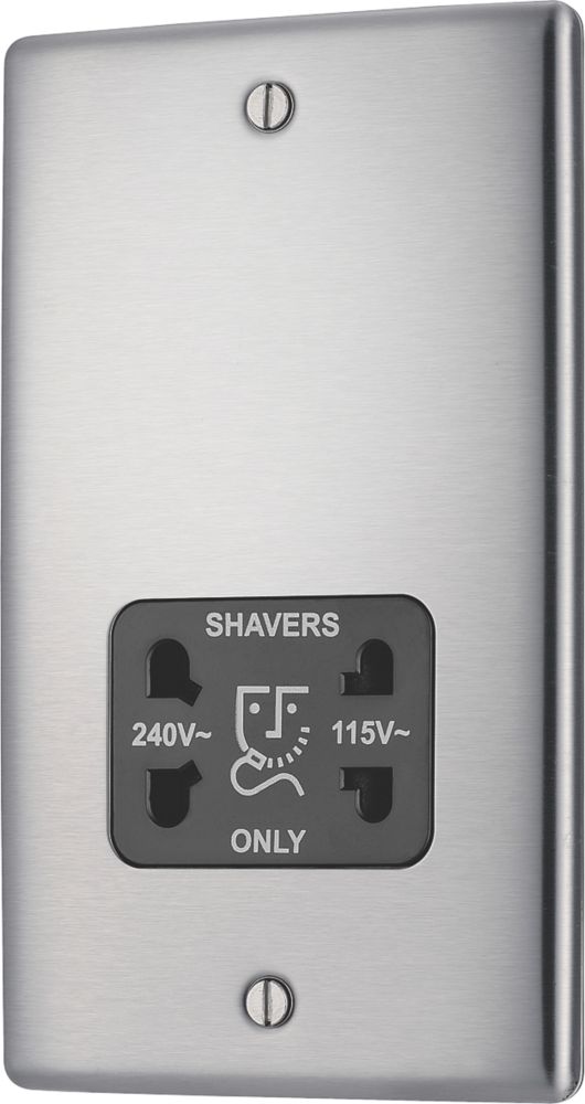 British General Nexus Metal 1-Gang Dual Voltage Shaver Socket 115/240V Brushed Steel with Black Inserts