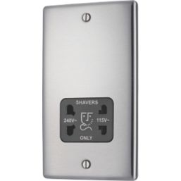 British General Nexus Metal 1-Gang Dual Voltage Shaver Socket 115/240V Brushed Steel with Black Inserts