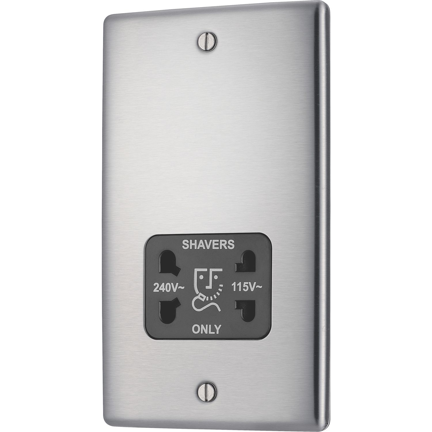 British General Nexus Metal 1-Gang Dual Voltage Shaver Socket 115/240V Brushed Steel with Black Inserts (368XF)