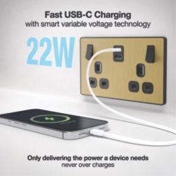 British General Evolve 13A 2-Gang SP Switched Socket + 3.25A 22W 2-Outlet Type C USB Charger Satin Brass with Black Inserts