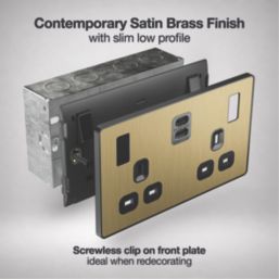 British General Evolve 13A 2-Gang SP Switched Socket + 3.25A 22W 2-Outlet Type C USB Charger Satin Brass with Black Inserts