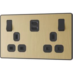 British General Evolve 13A 2-Gang SP Switched Socket + 3.25A 22W 2-Outlet Type C USB Charger Satin Brass with Black Inserts