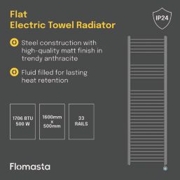 Flomasta 1600mm x 500mm 1706BTU Anthracite Flat Electric Towel Radiator