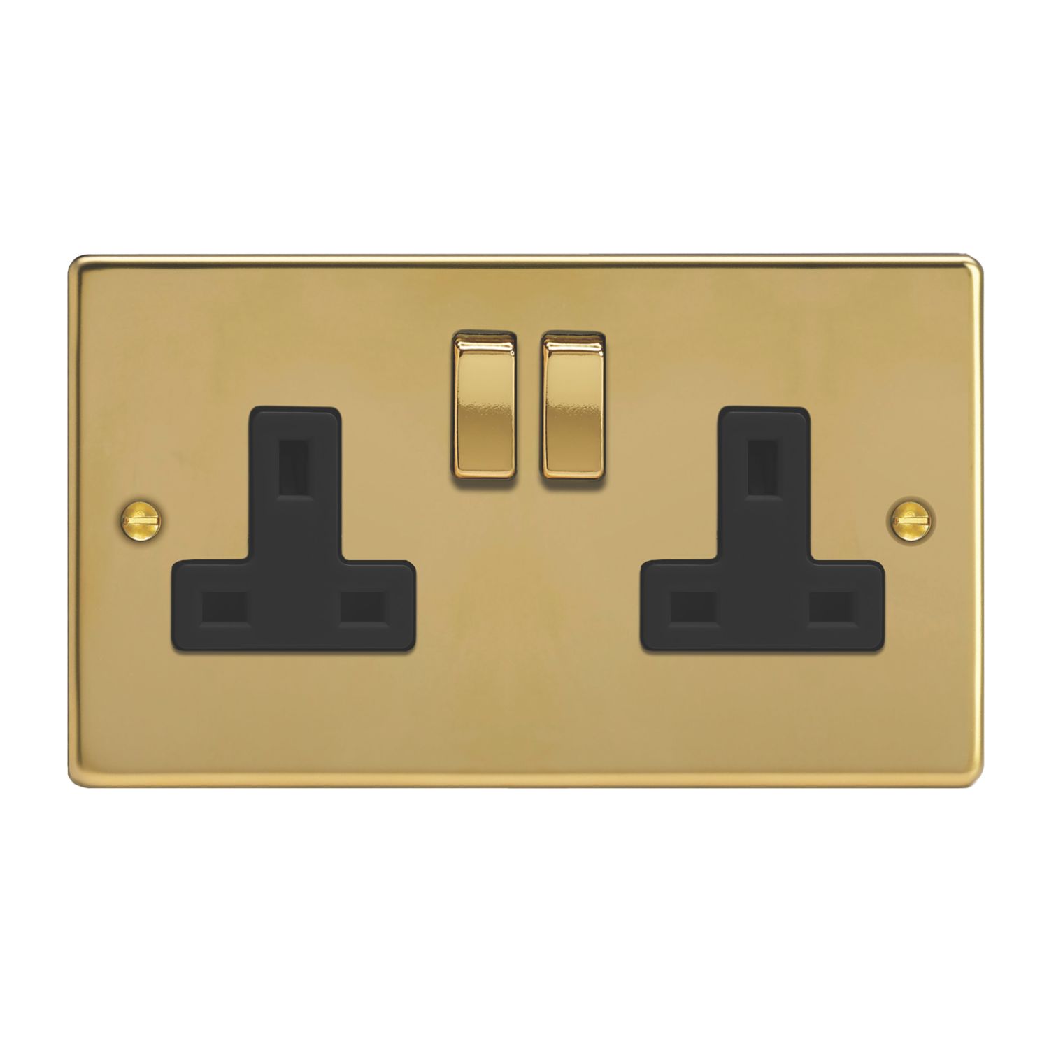 Varilight 13A 2-Gang 2-Pole Switched Socket Polished Brass with Black Inserts (374YT)