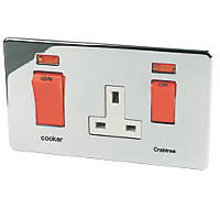 Crabtree Platinum 45 A & 13A 2-Gang DP Cooker Switch & 13A DP Switched Socket Polished Chrome with Neon with White Inserts