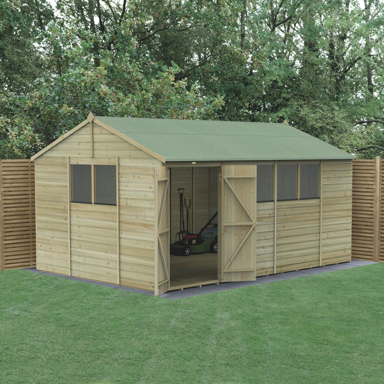 Forest Beckwood 14' 6" x 10' (Nominal) Reverse Apex Shiplap Timber Shed with Base & Assembly (378PW)