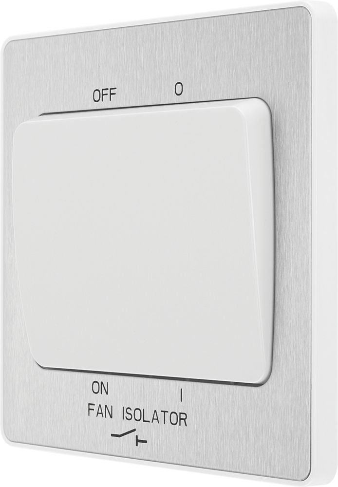 British General Evolve 10A 1-Gang 3-Pole Fan Isolator Switch Brushed Steel  with White Inserts