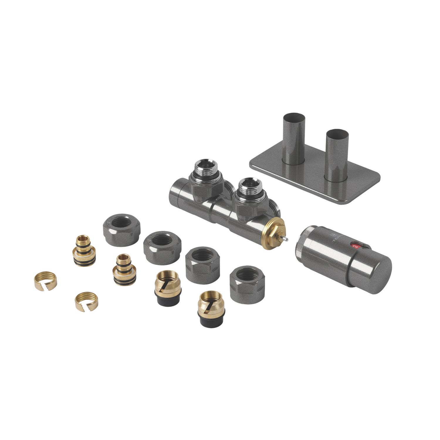 Terma Twins All-in-One Integrated Grey 50mm Designer Angled H Block Left Thermostatic Radiator Valve & Lockshield (378RH)