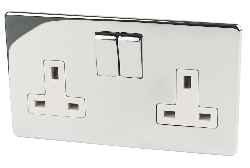 Crabtree Platinum 13A 2-Gang DP Switched Plug Socket Polished Chrome  with White Inserts