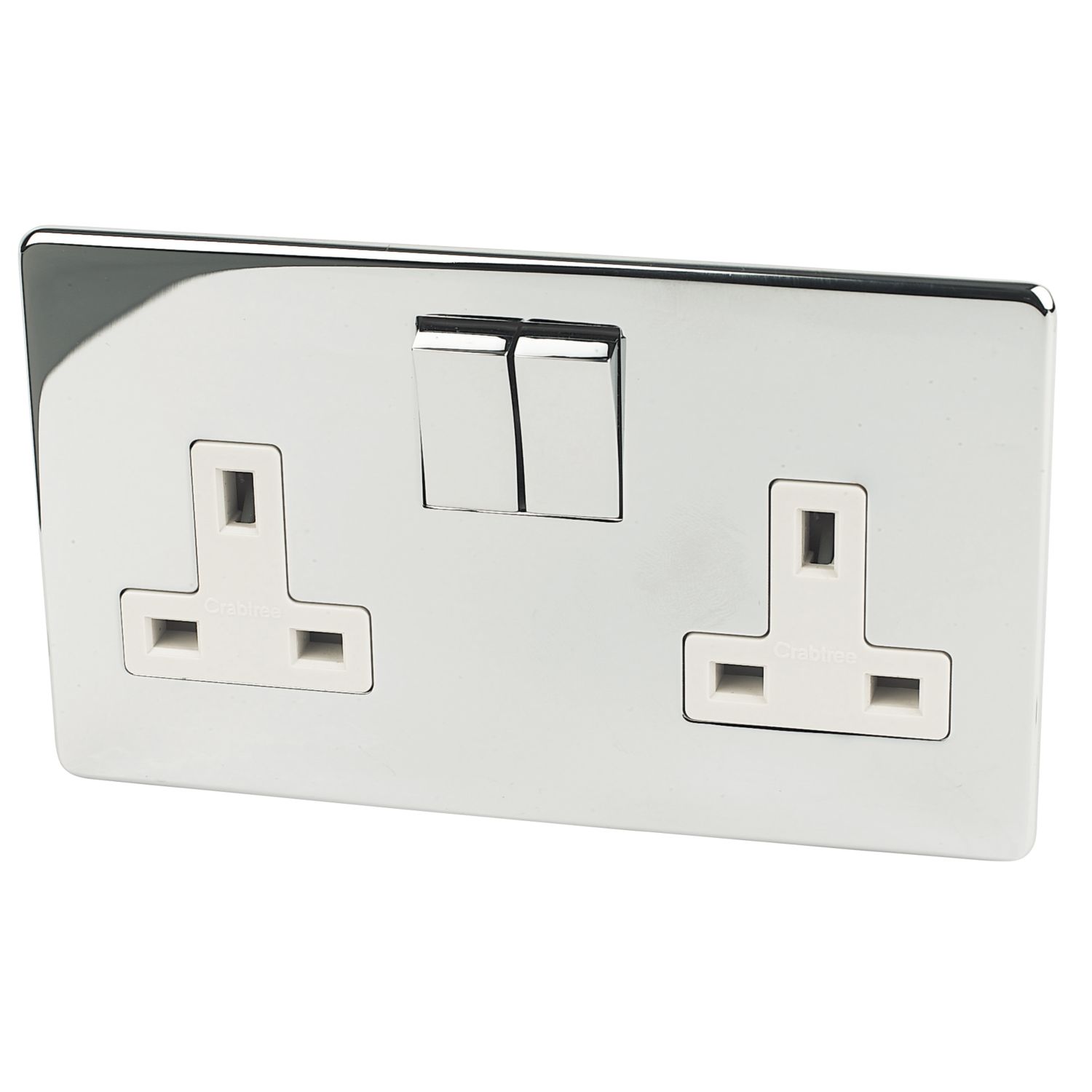 Crabtree Platinum 13A 2-Gang DP Switched Plug Socket Polished Chrome with White Inserts (38000)