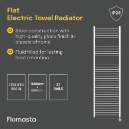 Flomasta 1600mm x 500mm 1706BTU Chrome Flat Electric Towel Radiator