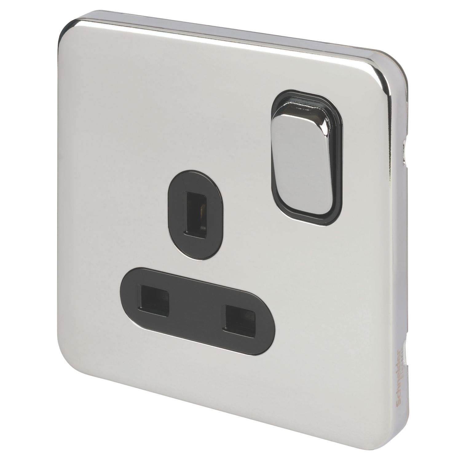 Schneider Electric Lisse Deco 13A 1-Gang DP Switched Plug Socket Polished Chrome with Black Inserts (381FF)