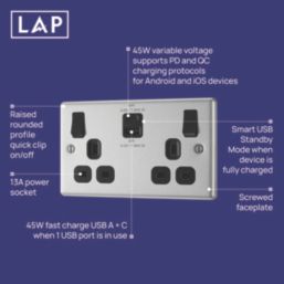 LAP  13A 2-Gang SP Switched Socket + 3A 45W 2-Outlet Type A & C USB Charger Brushed Steel with Black Inserts