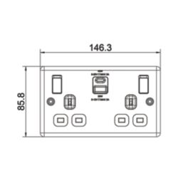LAP  13A 2-Gang SP Switched Socket + 3A 45W 2-Outlet Type A & C USB Charger Brushed Steel with Black Inserts
