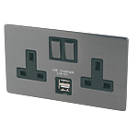 LAP  13A 2-Gang DP Switched Socket + 2.1A 2-Outlet Type A USB Charger Slate-Effect with Black Inserts