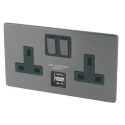 LAP  13A 2-Gang DP Switched Socket + 2.1A 2-Outlet Type A USB Charger Slate-Effect with Black Inserts