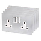 LAP  13A 2-Gang DP Switched Plug Socket Brushed Chrome  with White Inserts 5 Pack