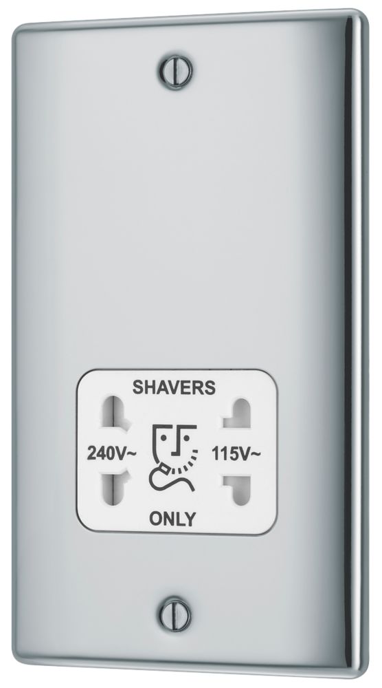 British General Nexus Metal 2-Gang Dual Voltage Shaver Socket 115 / 240V Polished Chrome with White Inserts