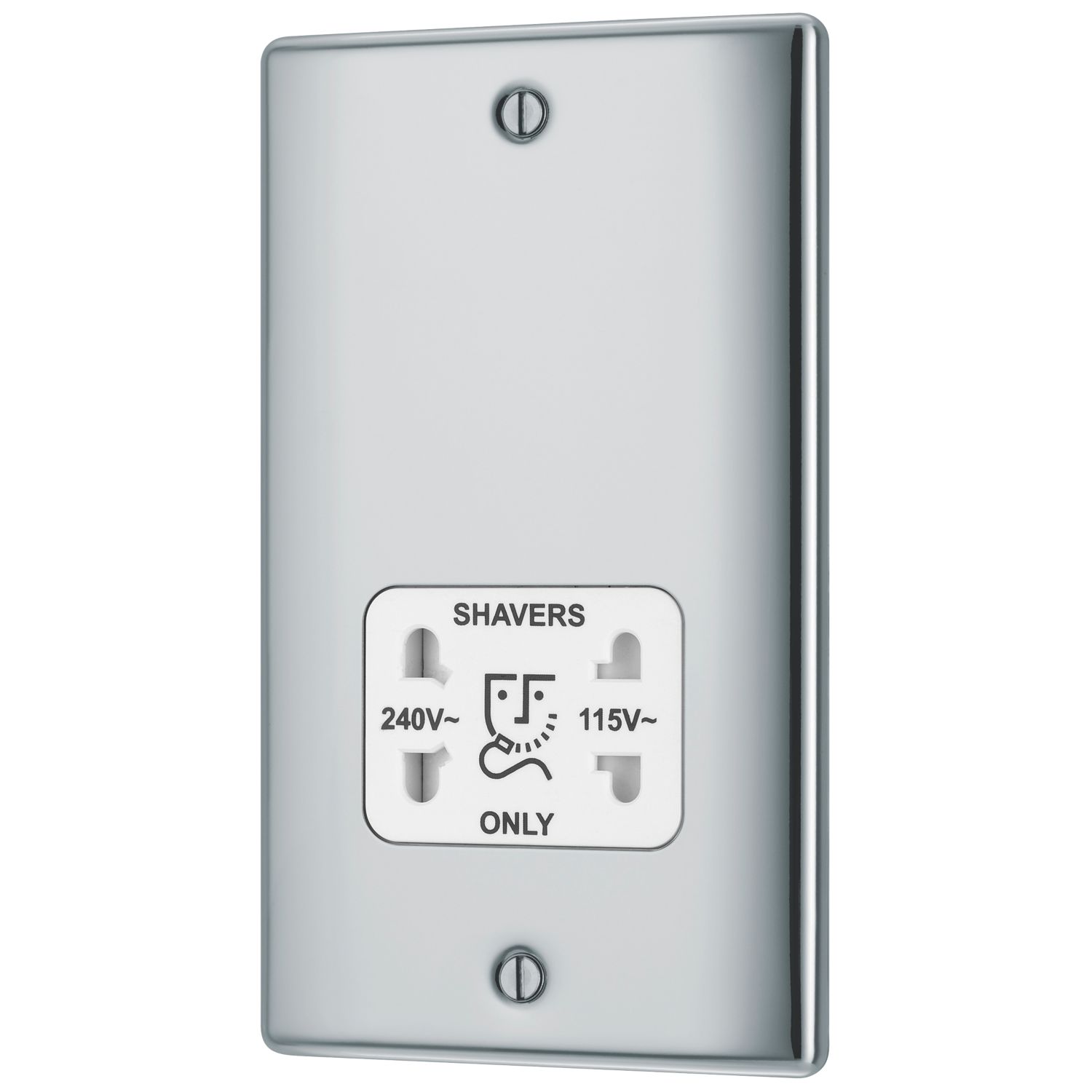 British General Nexus Metal 2-Gang Dual Voltage Shaver Socket 115 / 240V Polished Chrome with White Inserts (385FT)