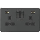 Knightsbridge  13A 2-Gang SP Switched Socket + 2.4A 2-Outlet Type A USB Charger Anthracite with Black Inserts
