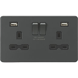 Knightsbridge  13A 2-Gang SP Switched Socket + 2.4A 12W 2-Outlet Type A USB Charger Anthracite with Black Inserts