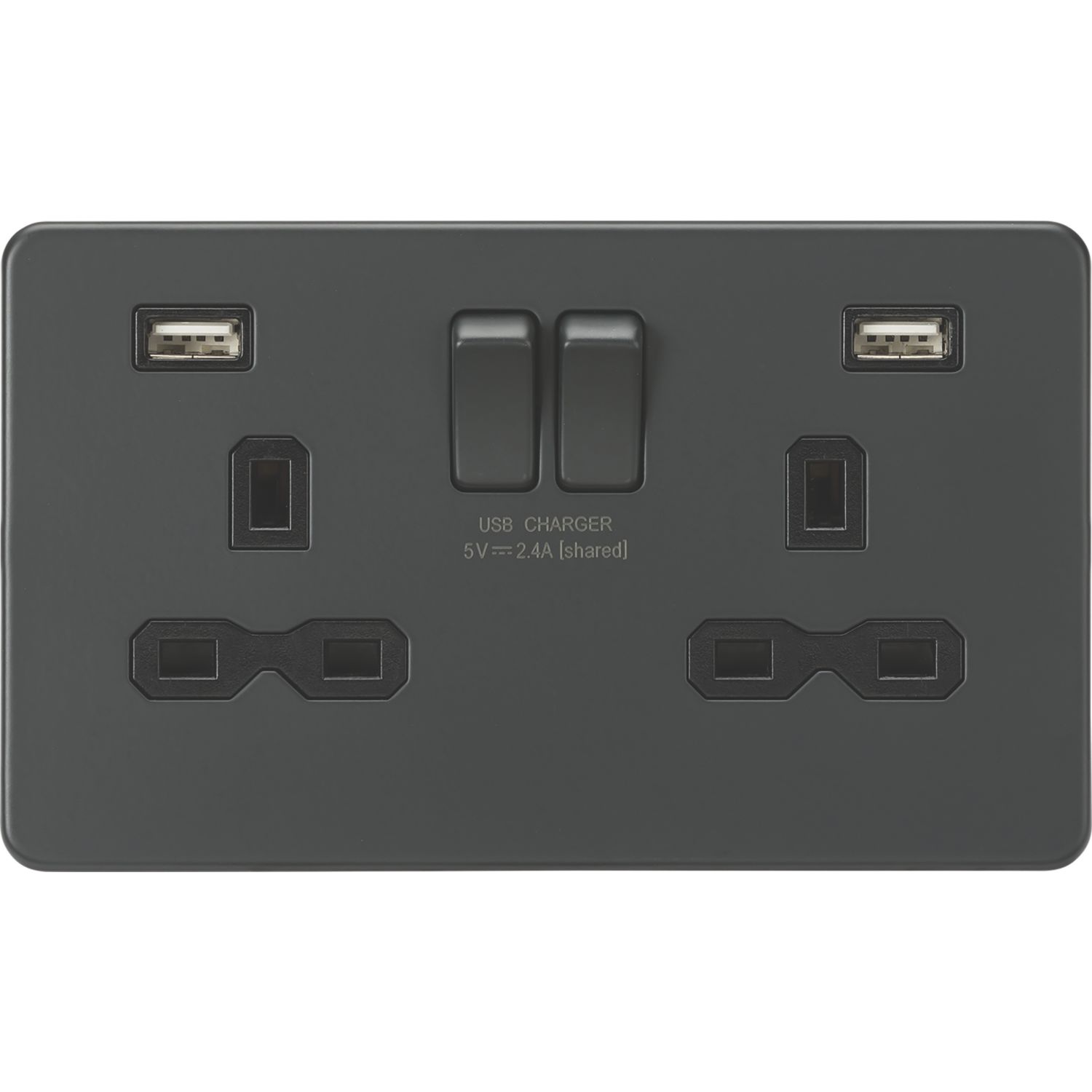Knightsbridge 13A 2-Gang SP Switched Socket + 2.4A 12W 2-Outlet Type A USB Charger Anthracite with Black Inserts (386TX)