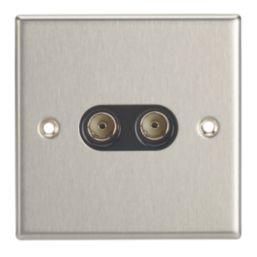 Contactum iConic 2-Gang Female Coaxial TV Socket Brushed Steel with Black Inserts