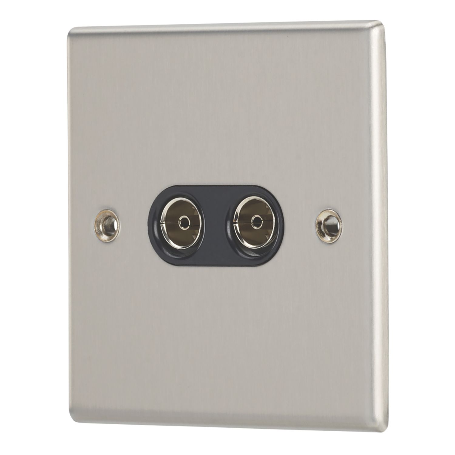 Contactum iConic 2-Gang Female Coaxial TV Socket Brushed Steel with Black Inserts (387RR)