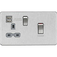 Knightsbridge SFR83UMBCG 45 & 13A 1-Gang DP Cooker Switch & 13A DP Switched Socket + 2.4A 2-Outlet Type A USB Charger Brushed Chrome  with Colour-Matched Inserts