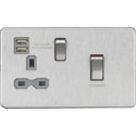 Knightsbridge  45A 1-Gang DP Cooker Switch & 13A DP Switched Socket + 2.4A 12W 2-Outlet Type A USB Charger Brushed Chrome  with Colour-Matched Inserts