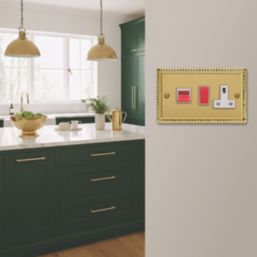 Varilight  45A 2-Gang 2-Pole Cooker Switch & 13A DP Switched Socket Georgian Brass  with White Inserts