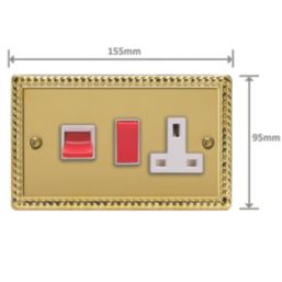 Varilight  45A 2-Gang 2-Pole Cooker Switch & 13A DP Switched Socket Georgian Brass  with White Inserts