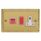 Varilight  45A 2-Gang 2-Pole Cooker Switch & 13A DP Switched Socket Georgian Brass  with White Inserts