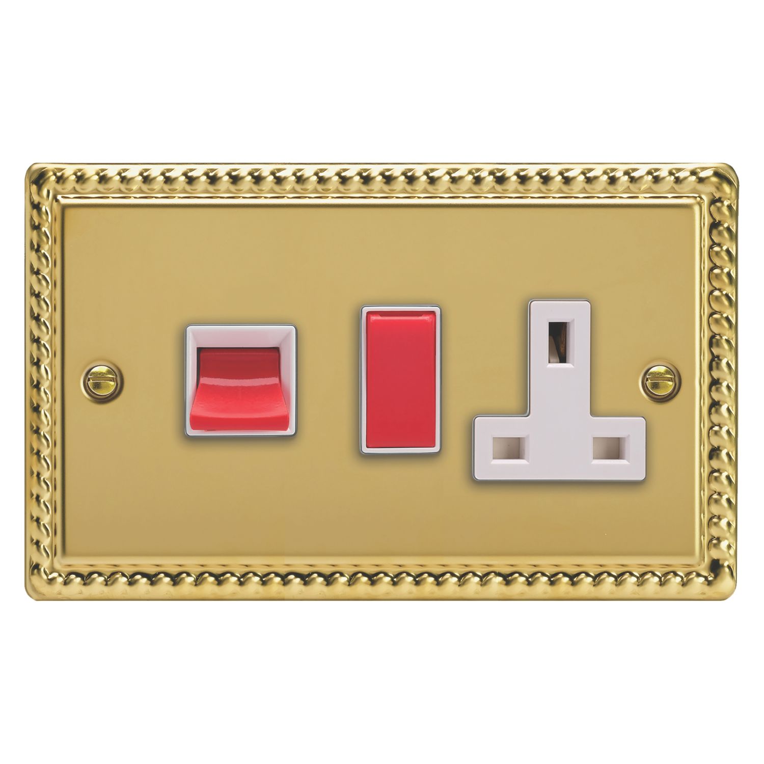 Varilight 45A 2-Gang 2-Pole Cooker Switch & 13A DP Switched Socket Georgian Brass with White Inserts (389EA)