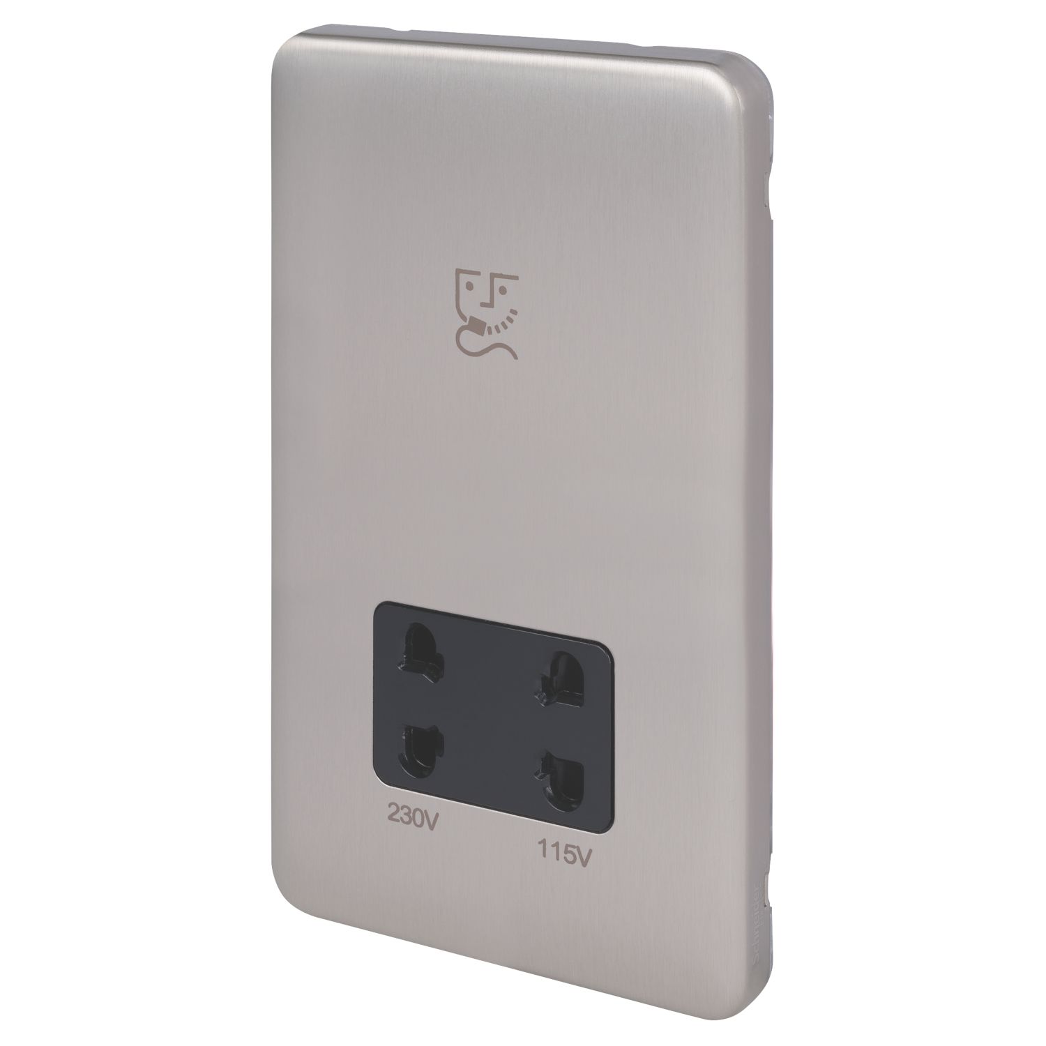 Schneider Electric Lisse Deco 2-Gang Dual Voltage Shaver Socket 115 / 230V Brushed Stainless Steel with Black Inserts (389FF)