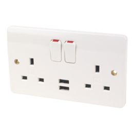 MK Logic Plus 13A 2-Gang DP Switched Socket + 2.1A  2-Outlet Type A USB Charger White