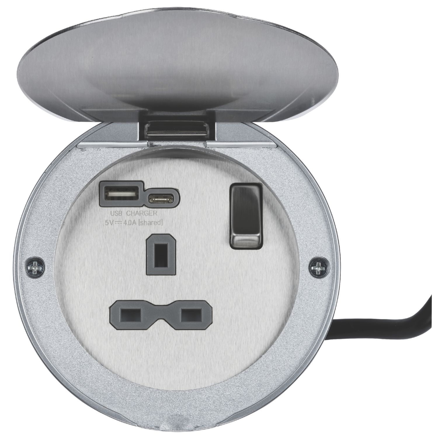 Knightsbridge 13A 1-Gang SP Switched Socket + 4.0A 20W 2-Outlet Type A & C USB Charger Stainless Steel with Grey Inserts (391CR)