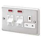 MK Albany Plus 45A 2-Gang DP Cooker Switch & 13A DP Switched Socket Brushed Stainless Steel with Neon with White Inserts