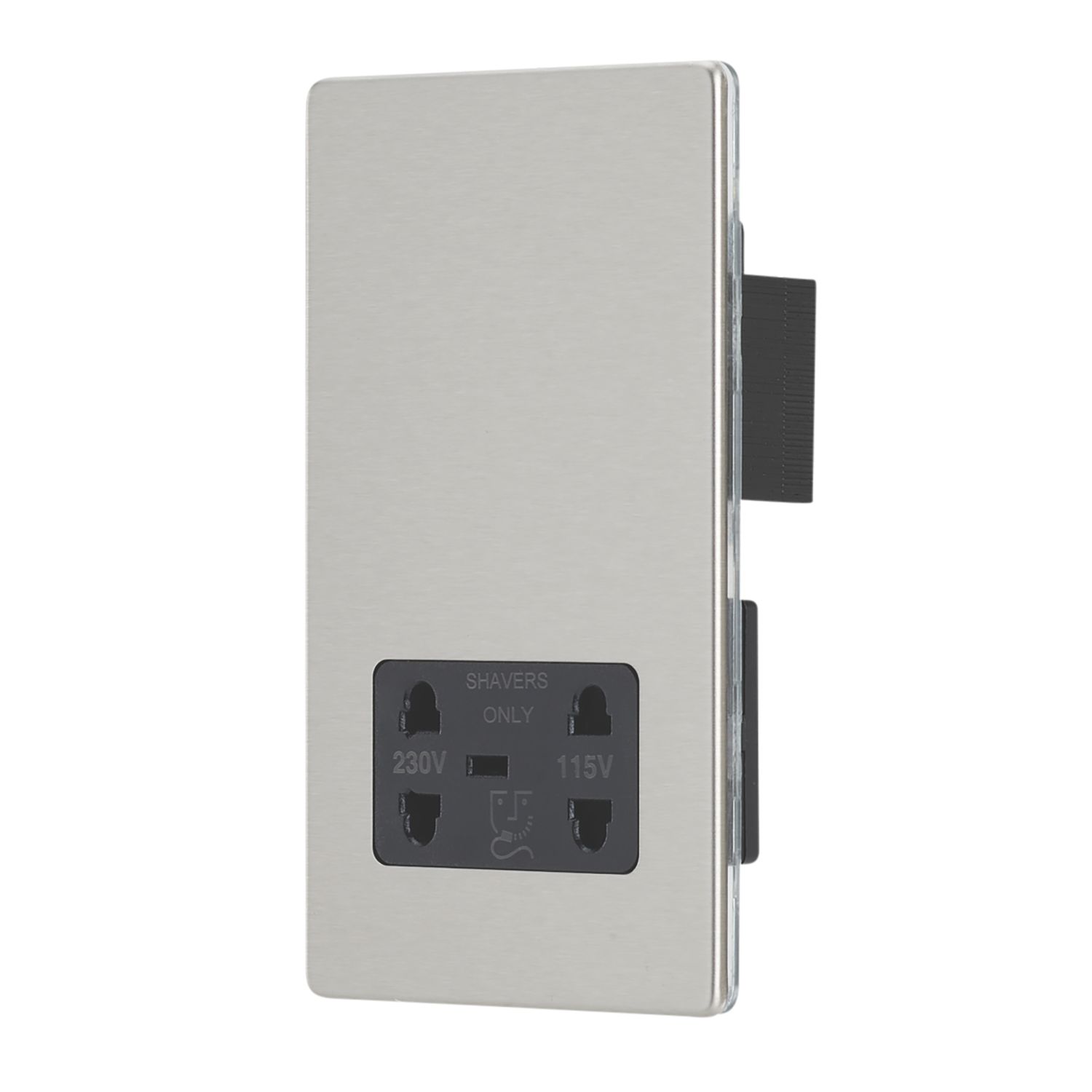 Contactum Lyric 2-Gang Dual Voltage Shaver Socket 115 - 230V Brushed Steel with Black Inserts (393RP)
