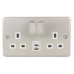 Hager Sollysta WRSS82BSW-USBCC 13A 2-Gang 2P+E Switched Socket + 3.1A 27W 2-Outlet Type C USB Charger Brushed Steel with White Inserts