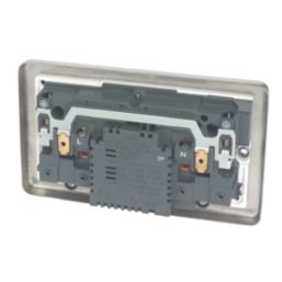 Hager Sollysta WRSS82BSW-USBCC 13A 2-Gang 2P+E Switched Socket + 3.1A 27W 2-Outlet Type C USB Charger Brushed Steel with White Inserts