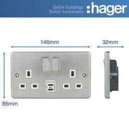 Hager Sollysta WRSS82BSW-USBCC 13A 2-Gang 2P+E Switched Socket + 3.1A 27W 2-Outlet Type C USB Charger Brushed Steel with White Inserts