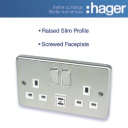 Hager Sollysta WRSS82BSW-USBCC 13A 2-Gang 2P+E Switched Socket + 3.1A 27W 2-Outlet Type C USB Charger Brushed Steel with White Inserts