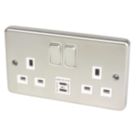 Hager Sollysta WRSS82BSW-USBCC 13A 2-Gang 2P+E Switched Socket + 3.1A 27W 2-Outlet Type C USB Charger Brushed Steel with White Inserts