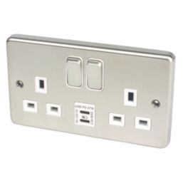 Hager Sollysta WRSS82BSW-USBCC 13A 2-Gang 2P+E Switched Socket + 3.1A 27W 2-Outlet Type C USB Charger Brushed Steel with White Inserts