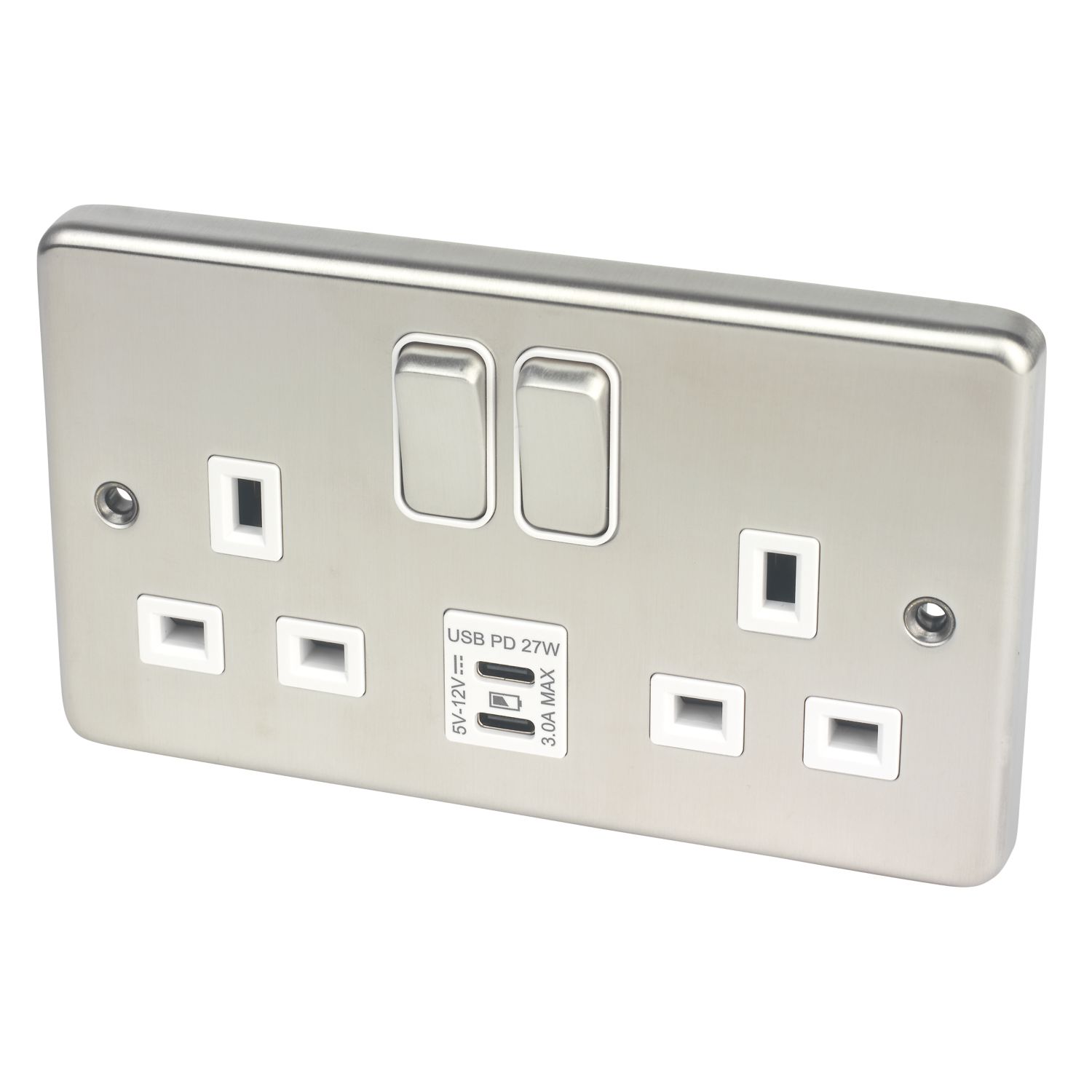 Hager Sollysta WRSS82BSW-USBCC 13A 2-Gang 2P+E Switched Socket + 3.1A 27W 2-Outlet Type C USB Charger Brushed Steel with White Inserts (394AM)