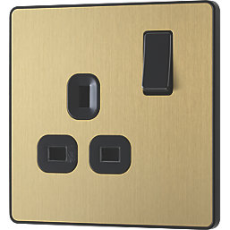 British General Evolve 13A 1-Gang SP Switched Socket Satin Brass  with Black Inserts